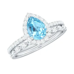Teardrop Aquamarine Bridal Ring Set with Diamond