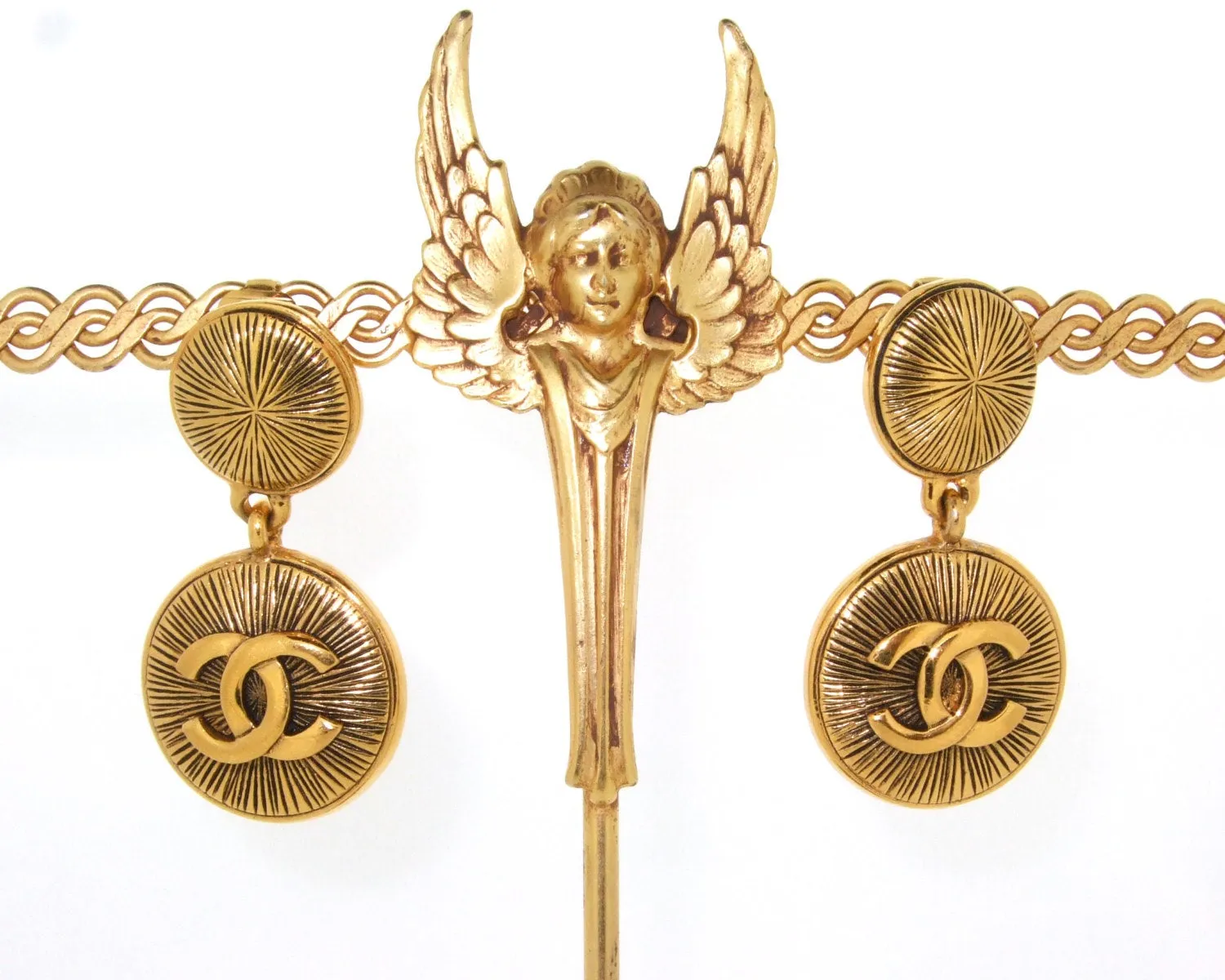 Vintage Chanel Earrings CC Logo gold drop 1980s
