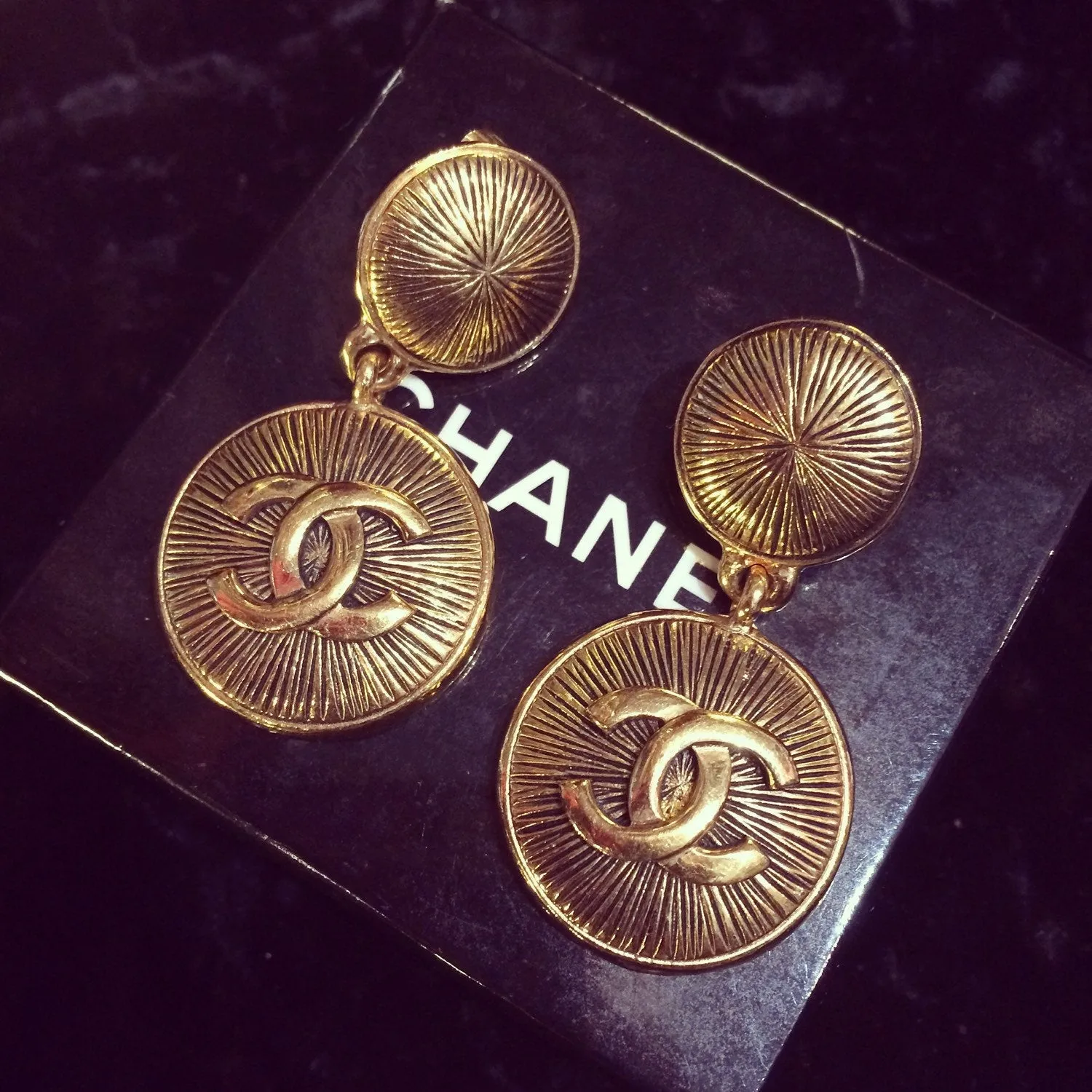 Vintage Chanel Earrings CC Logo gold drop 1980s