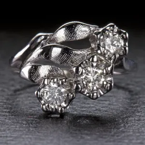 VINTAGE DIAMOND COCKTAIL RING ASYMMETRICAL UNIQUE 14k WHITE GOLD MID CENTURY