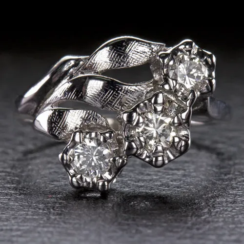VINTAGE DIAMOND COCKTAIL RING ASYMMETRICAL UNIQUE 14k WHITE GOLD MID CENTURY