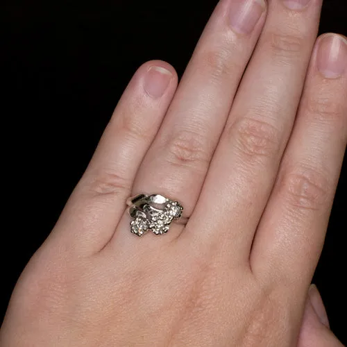 VINTAGE DIAMOND COCKTAIL RING ASYMMETRICAL UNIQUE 14k WHITE GOLD MID CENTURY