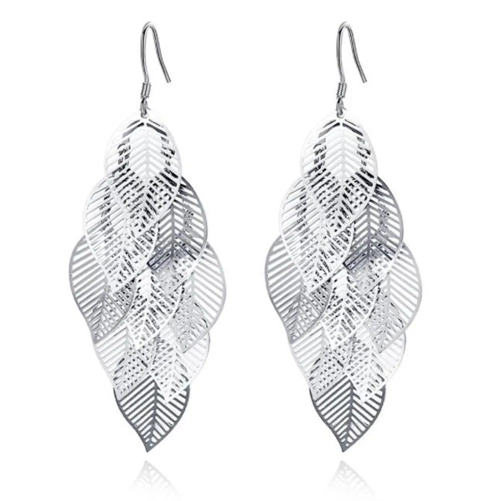 Women Sterling Silver Retro Hollow Maple Leaf Long Tassel Earrings