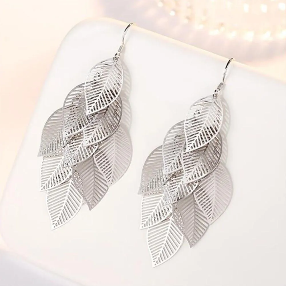 Women Sterling Silver Retro Hollow Maple Leaf Long Tassel Earrings