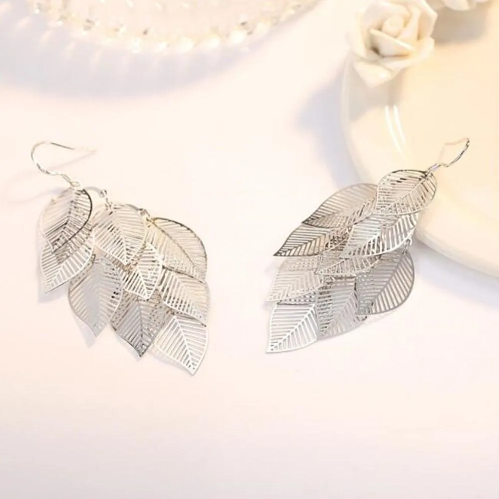 Women Sterling Silver Retro Hollow Maple Leaf Long Tassel Earrings