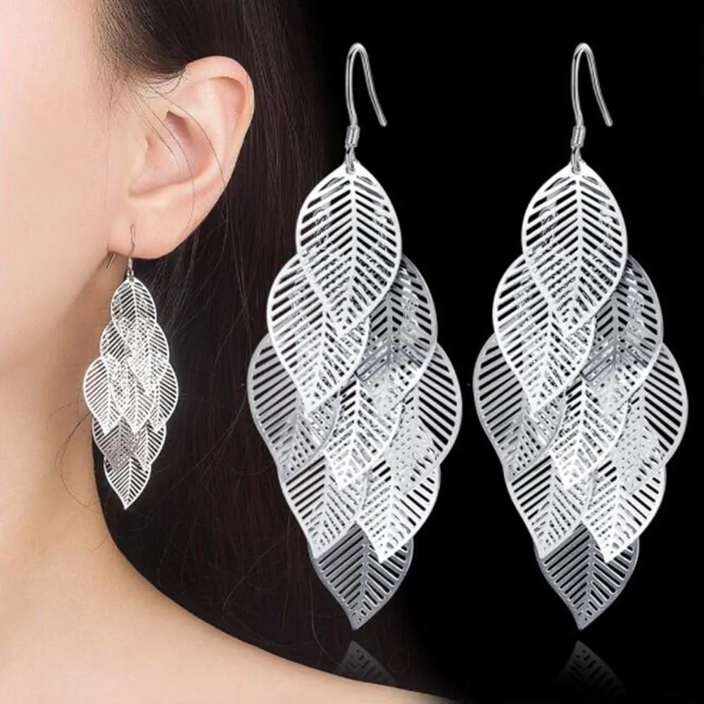 Women Sterling Silver Retro Hollow Maple Leaf Long Tassel Earrings