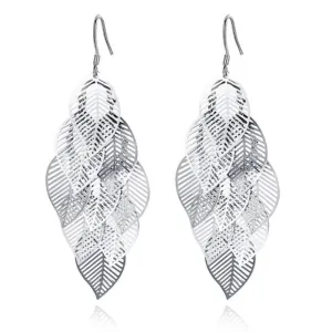 Women Sterling Silver Retro Hollow Maple Leaf Long Tassel Earrings