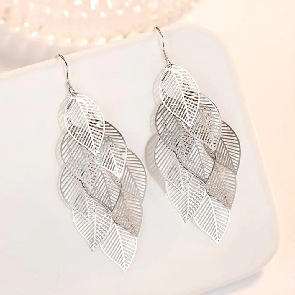Women Sterling Silver Retro Hollow Maple Leaf Long Tassel Earrings
