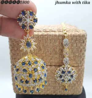 Women's Designer American Diamond Antique Stone Jhumka With Tika Earrings Set
