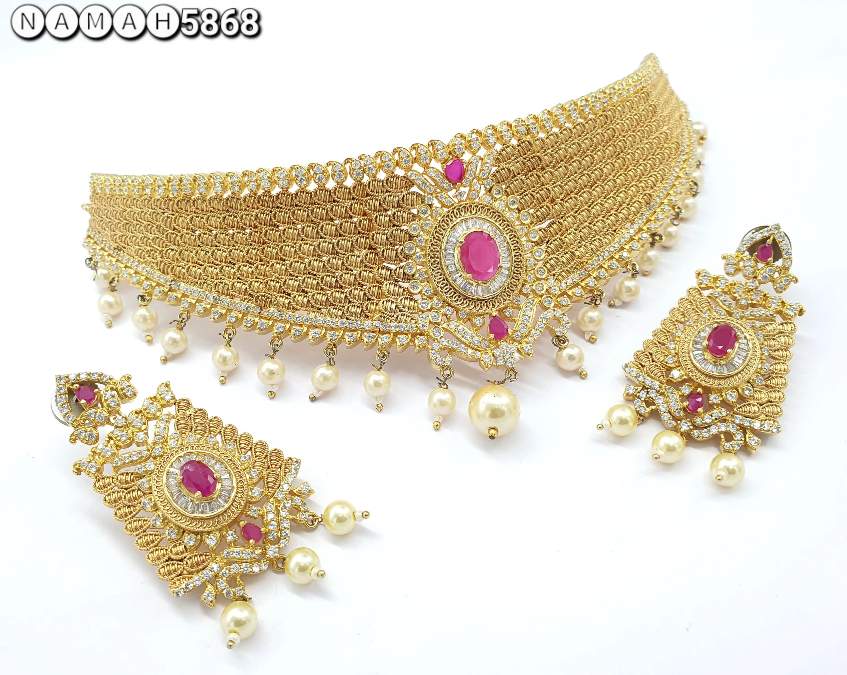 Women's Designer Gold Plated American Diamond Choker Set